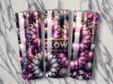 Three tumblers with floral patterns and the word "GLOW" on the center tumbler.