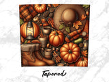 Autumn still life with pumpkins, plaid scarf, lantern, mug, and boots.