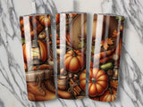 Three tumblers with a fall theme featuring pumpkins, plaid, and a lantern.