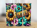 Sunflower and flower design with "LOVE" text on tumbler.