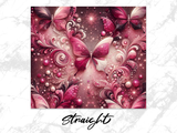 Pink butterflies and swirling decorative elements against a dark, sparkly background.