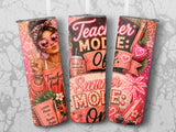 Teacher fuel and summer mode designs on three tumblers with bright, playful graphics.