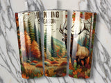 Hunting season design with elk and autumn forest on three tumblers.