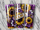 Three tumblers with sunflowers and purple flowers, "Mama" ribbon, and black purple background.