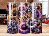 Sunflower and rose pattern tumbler with a "FREE" sign.