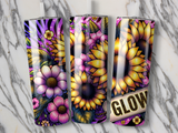 Three tumblers with floral and striped designs, one with "Glow" text.