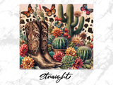 Cowboy boots surrounded by cacti and butterflies with "Straight" text.