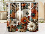 Three tumblers with pumpkins, poppies, wheat, and plaid design.