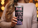 Glittery "Witch Please" text on a tumbler with a Halloween pumpkin and bow.