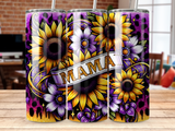 Sunflower and floral design with "MAMA" banner on a tumbler.
