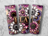 Three glittery tumblers with floral designs and the word "PLAY".
