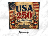USA 250th Anniversary with fireworks, flag, and Independence Hall.