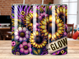 Purple and yellow floral tumbler with "GLOW" tag.