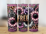 Pink and purple floral design with "FREE" text on a leopard print tumbler.