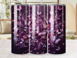 Purple tumbler with iridescent butterflies and floral patterns.