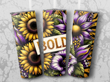 Three tumblers with sunflowers and purple flowers, one with "BOLD" text.