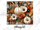White and orange pumpkins with autumn leaves and poppies, checkered background.