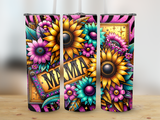 "Mama" text surrounded by vibrant sunflowers and teal flowers with leopard print.