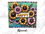 Sunflowers and small flowers with "HAPPY" text on a textured background.