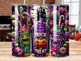 Halloween-themed tumblers with spooky characters and candy designs.