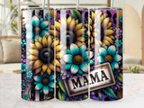 Three tumblers with sunflowers, flowers, and the word "MAMA" on a textured background.