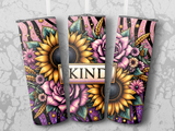 Three tumblers with sunflowers, roses, and the word "KIND" on a textured background.