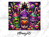 Halloween drinks with spooky characters and candy, text reads "Trick or Treat".