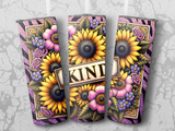 Three sunflowers and purple flowers on a textured background with the word "KIND".