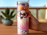 Pink ghost tumbler with "THIS IS SOME BOO SHEE" text, held by hand.