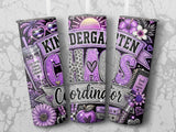 "Kindergarten Coordinator" text on a purple tumbler with flowers and hearts.
