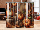 Autumn themed tumbler with pumpkins, leaves, hat, boots, and cinnamon sticks.