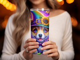 Woman holding a colorful tumbler with a corgi wearing a wizard hat.