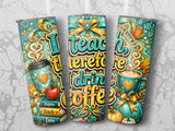 Three tumblers with "I teach, therefore I drink coffee" design and apple.