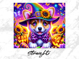 Cute corgi in a witch hat and bow tie with pumpkins and sunflowers.