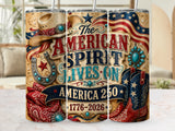 "The American Spirit Lives On" tumbler with cowboy hat, boots, horseshoe, and bandana.