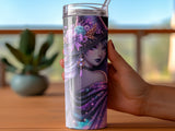 Tumbler with witch illustration, galaxy design, and floral accents.