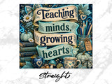 "Teaching minds, growing hearts" with stacked books, pumpkins, and pencils.