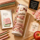 Sunshine and Lesson Planning Tumbler Wrap PNG – Rose Gold Coquette 20oz Teacher Sublimation Design