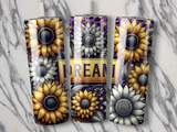 Three tumblers with sunflower designs and the word DREAM.