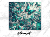 Art print featuring shimmering teal butterflies against a swirling, jewel-toned background.
