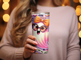 Pink ghost tumbler with bow and glasses, "Boo Sheet" text.