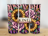 Three tumblers with sunflowers, roses, and the word "KIND" on a striped background.