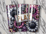 Three tumblers with floral patterns and the word "PLAY" on a marbled background.