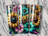 Three tumblers with sunflowers, teal flowers, and "Love" text on a marble background.