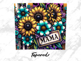 Sunflowers and teal flowers on a purple background, with "Mama" sign.