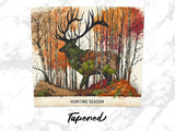 Deer formed from trees and foliage in autumn forest, "Hunting Season" text.