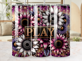 Three tumblers with sunflowers and the word "PLAY" in glitter.