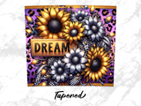 Floral arrangement with sunflowers and silver flowers, text "DREAM" on purple background.