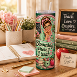 Blooming Where I Teach Tumbler Wrap PNG – Retro Floral 20oz Teacher Sublimation Design