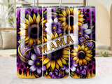Sunflower and floral design with "Mama" banner on a tumbler.